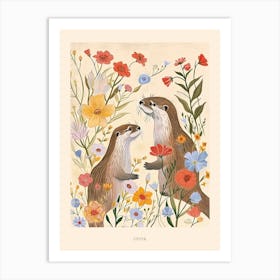 Folksy Floral Animal Drawing Otter 3 Poster Art Print