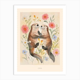 Folksy Floral Animal Drawing Otter 4 Poster Art Print