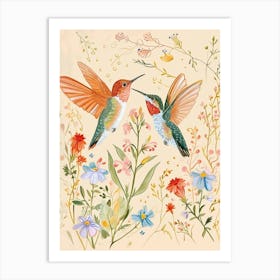 Folksy Floral Animal Drawing Hummingbird 3 Art Print