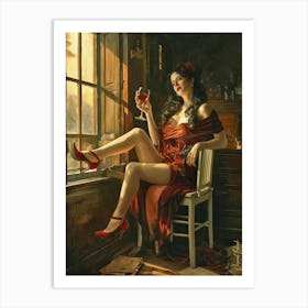 Lady In Red With A Glass Of Red Wine 2 Art Print