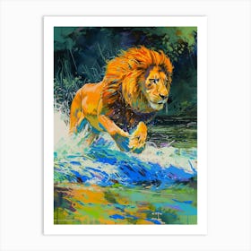 Masai Lion Crossing A River Fauvist Painting 1 Art Print