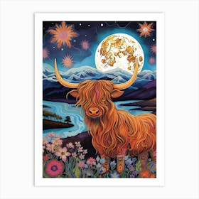 Moonlight Illustration Of Highland Cow With Lake Art Print