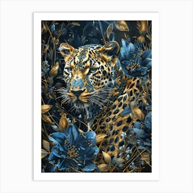 Leopard In Blue Flowers Art Print