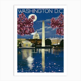 Washington, White House At Night And Cherry Blossoms Art Print