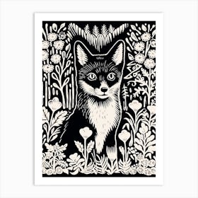 Linocut Fox Illustration Black 2 Art Print
