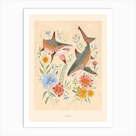 Folksy Floral Animal Drawing Shark 2 Poster Art Print