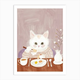 White And Tan Cat Having Breakfast Folk Illustration 3 Art Print