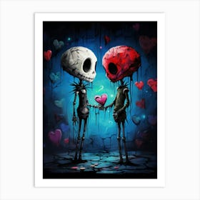 Skeletons Couple Holding Hearts Art Print