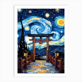 Aesthetic Japanese Shinto Shrine Torii Gate Starry Night Art Print