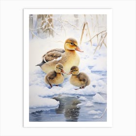 Ducklings & Mother In The Snow Watercolour  2 Art Print