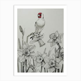 Goldfinch and daffodils Art Print