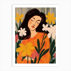 Woman With Autumnal Flowers Freesia 1 Art Print