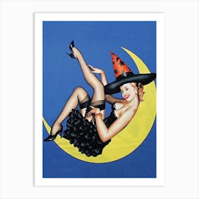 Pinup Girl Posing On S Yellow Moon Art Print