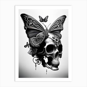 Skull With Butterfly Motifs Pink Stream Punk Art Print