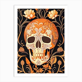 Skull With Floral Patterns 3 Orange Line Drawing Art Print