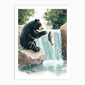 American Black Bear Catching Fish In A Waterfall Storybook Illustration 2 Art Print