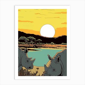 Two Rhinos In The Wild Block Colour Art Print