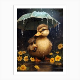 Duck With An Umbrella & Flowers Painting 1 Art Print