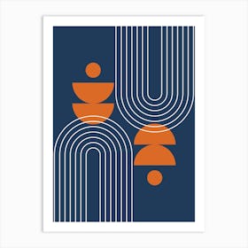 Mid Century Modern Geometric Abstract Rainbow Sun Moon Phases in Navy Blue Burnt Orange Art Print