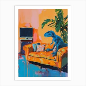 Dinosaur Watching Tv Blue Green Orange 2 Art Print