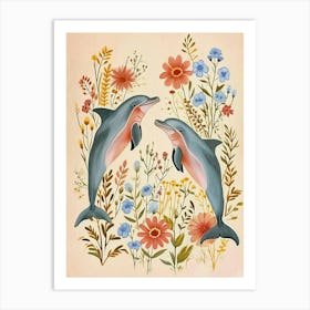 Folksy Floral Animal Drawing Dolphin 2 Art Print