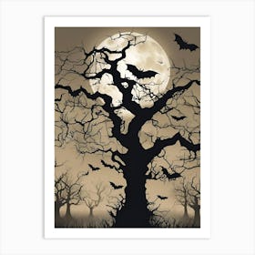 Full Moon & Bats Wall Art, Halloween Decor Art Print