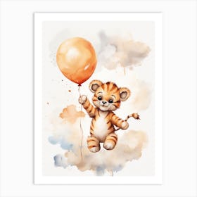 Baby Tiger Flying With Ballons, Watercolour Nursery Art 4 Art Print