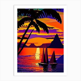 Palm Tree Boat Sunset Art Print