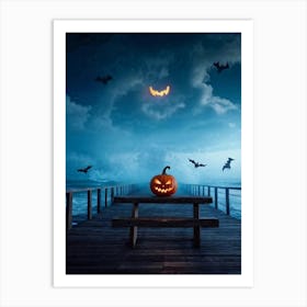 Halloween Themed Coastal Landscape During Dusk Featuring A Jack O Lantern With A Glowing Eye Perched (3) Art Print