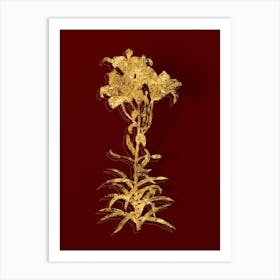 Vintage Fire Lily Botanical in Gold on Red n.0011 Art Print