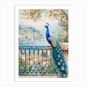 Watercolour Peacock On An Iron Balcony 2 Art Print