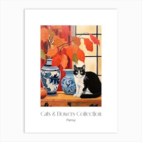 Cats & Flowers Collection Pansy Flower Vase And A Cat, A Painting In The Style Of Matisse 2 Art Print