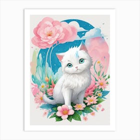 White Cat With Flowers Art Print