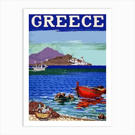 Greece, Lonely Boat On The Coast Art Print