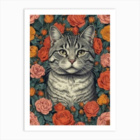 Cat With Roses 1 Art Print