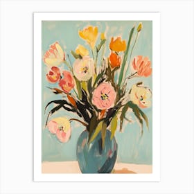 Colorful Flowers In A Blue Vase Art Print