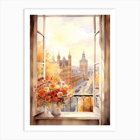 Window View Of London United Kingdom In Autumn Fall, Watercolour 2 Art Print