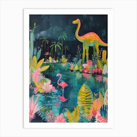 Dinosaur With The Flamingos Painting 1 Art Print