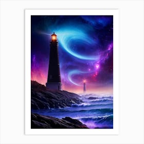 Black Lighthouses Rise From A Colorful Ocean Reflecting Galaxies And Nebulae Venus Emitting A Radia Art Print