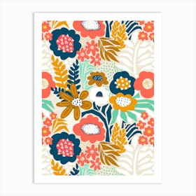 Paper Cut And Doodle Floral Collage Navy Gold Pink Mint Art Print