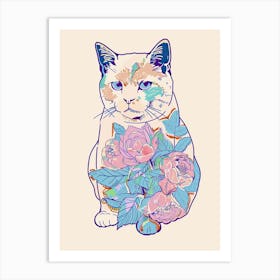 Cute American Shorthair Cat With Flowers Illustration 1 Art Print