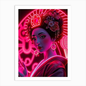 Geisha in Pink Neon Light Art Print