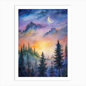 Watercolor Of A Forest At Night with moon Art Print