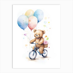 Cycling Teddy Bear Painting Watercolour 3 Art Print