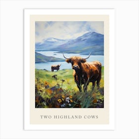 Two Highland Cows By The Mountains And Lake Art Print