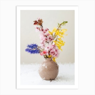 Blue, Pink And Yellow Flowers In A Vase Art Print