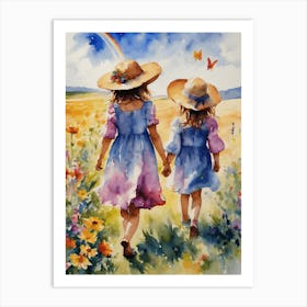 Watercolor Rainbow Children Play in the Meadow on a Summer's Day - Colorful Watercolour of Girls Playing in Pretty Dresses Carefree Perfect Painting - Happiness Joy Butterflies Flowers, Botanical Mama Gallery Wall Artwork Floral Joyful Beautiful 1 Art Print