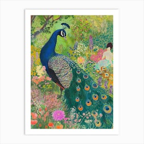Peacock & Woman In The Meadow Sketch Art Print