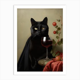 A Black Cat With A Wine Glass In Front Of Him Painting Art Print