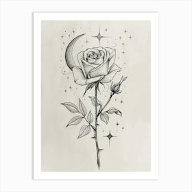 English Rose Moon And Stars Line Drawing 1 Art Print